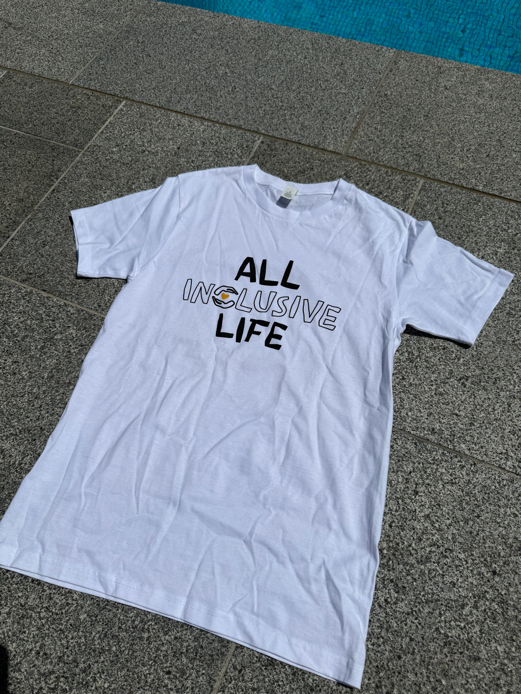 All Inclusive Life WHITE T-Shirt with Orange Heart (Unisex)